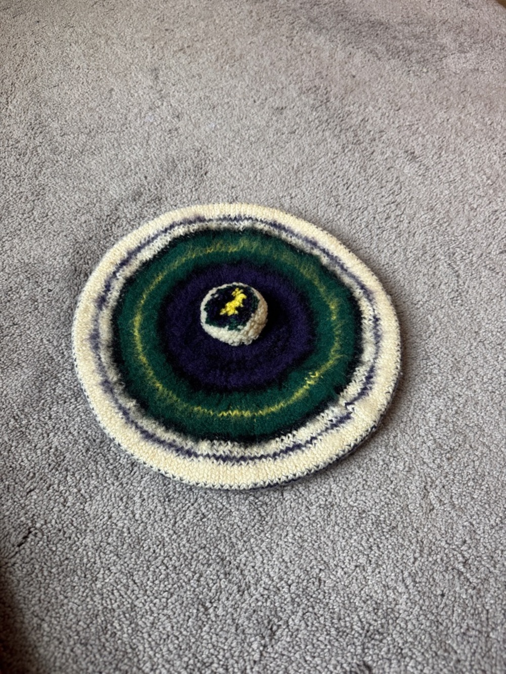 Vintage Hand Knit Beret Hat Green Purple Cream Fair Isle Pattern Pom Pom